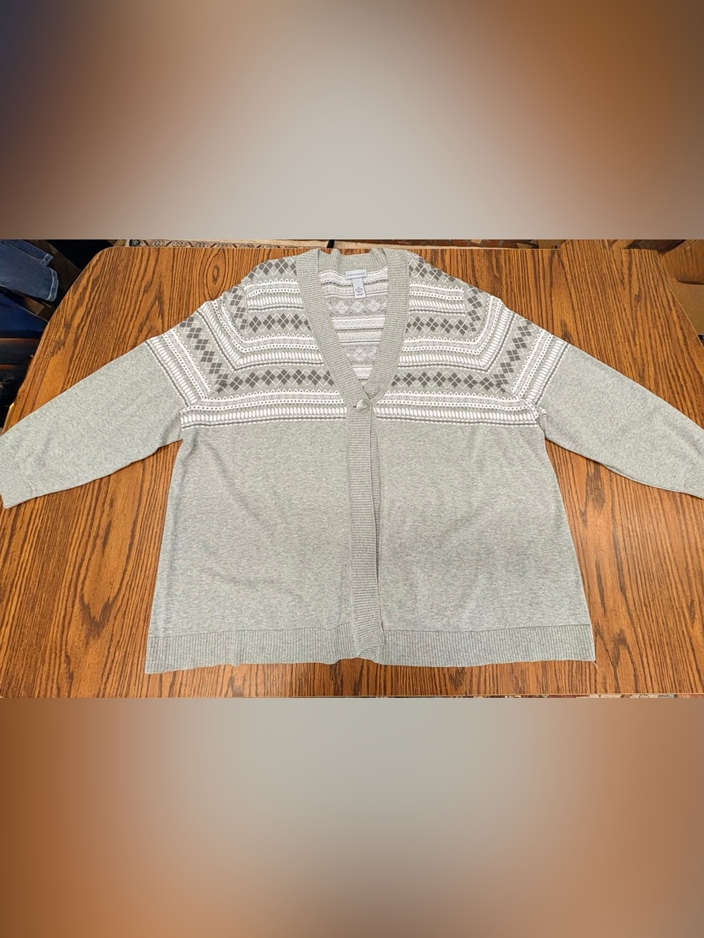 Catherines Light Gray and White Fair Isle V-Neck Cardigan
